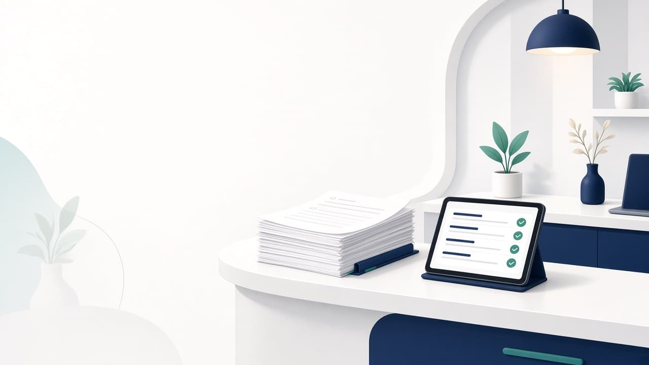 Small practice front desk with paper intake forms next to a tablet showing completed digital form fields