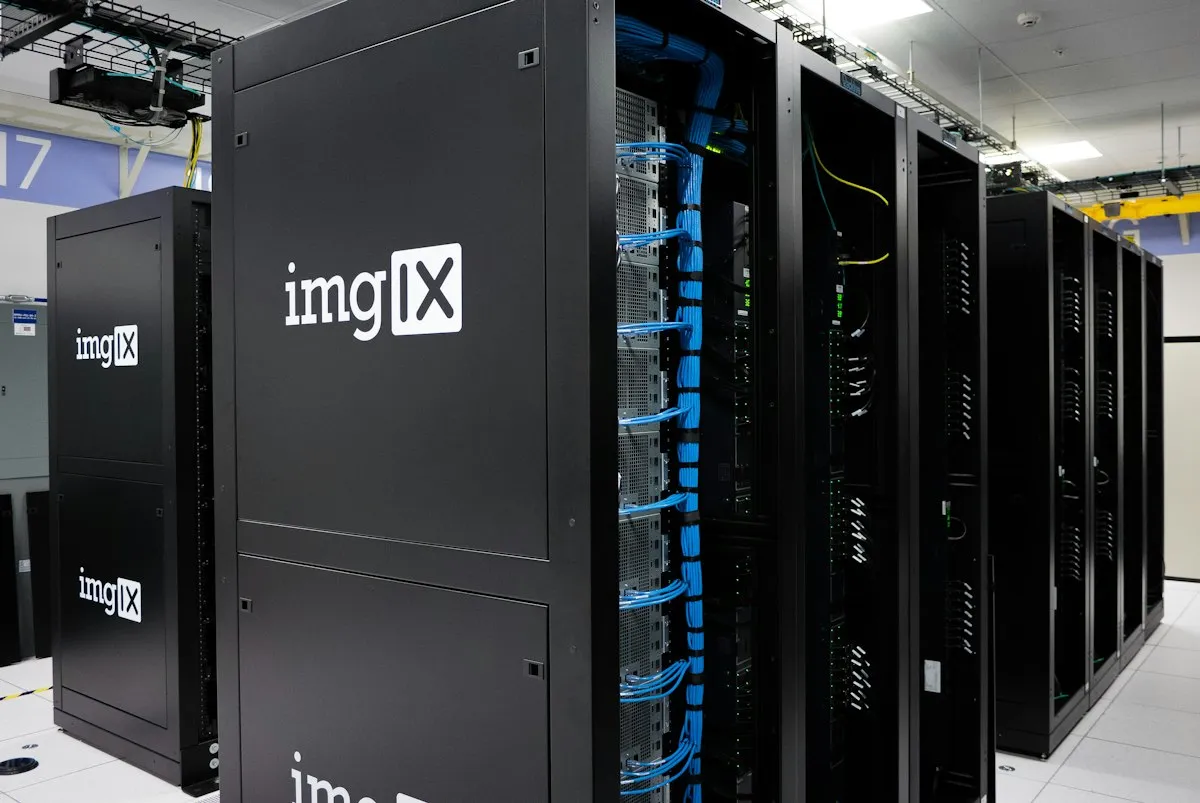 Network cables and server racks in a data center